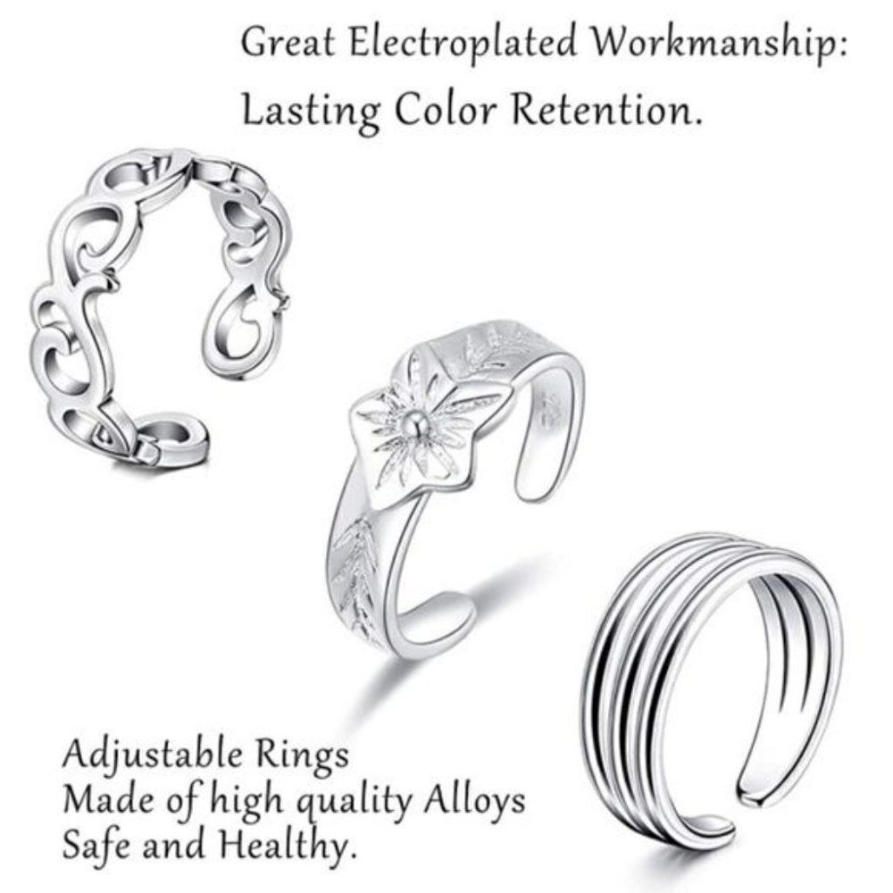 Silver Adjustable Boho Open Toe Rings - Set of 12 - Picture 2 of 4